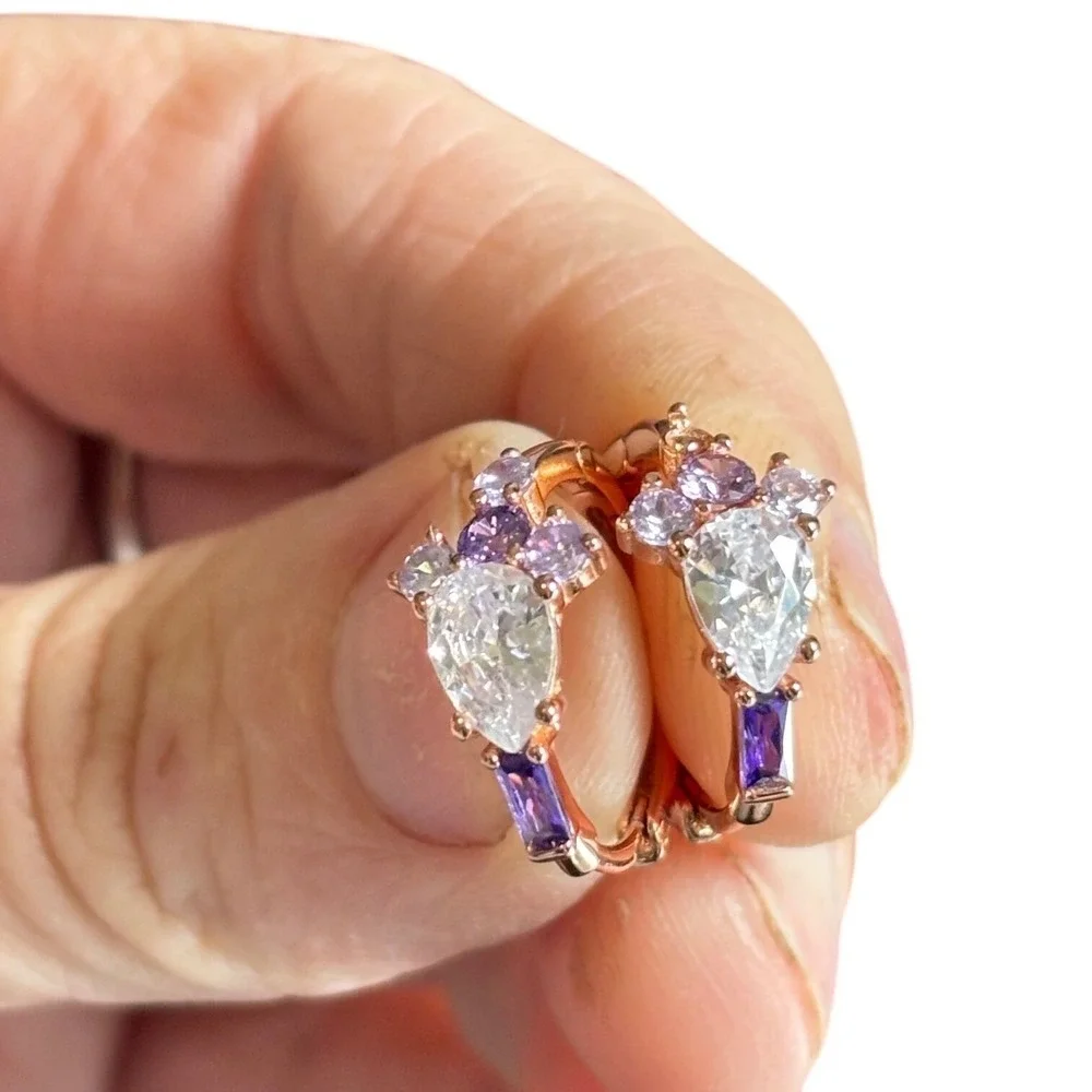 Purple Pink Amethyst White Zircon Earrings 925 Sterling‎ Silver Huggies Hoop